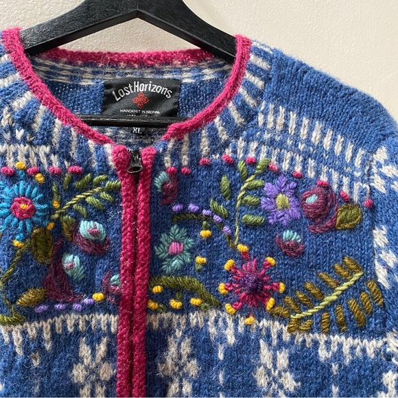 Vintage Lost Horizons Wool Floral Embroidered Fisherman Fair Isle Zip Sweater XL - Picture 10 of 14